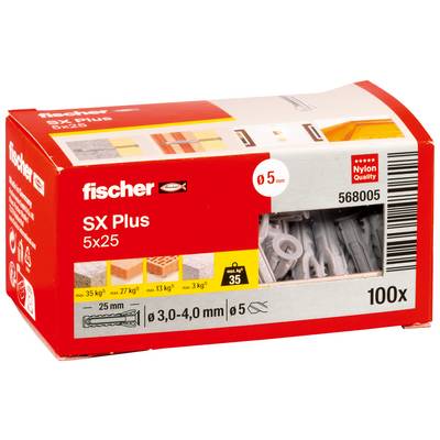 Balenie nylónových hmoždiniek Fischer SX Plus 5x25, balenie 100 kusov, s viditeľnou veľkosťou 5 mm a číslom produktu 568005.