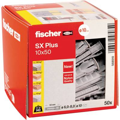 Červená kotva Fischer SX Plus 10x50 nylonová plastová zástrčka s viditeľnými sivými kotvami, označená 50 ks a 10 mm.