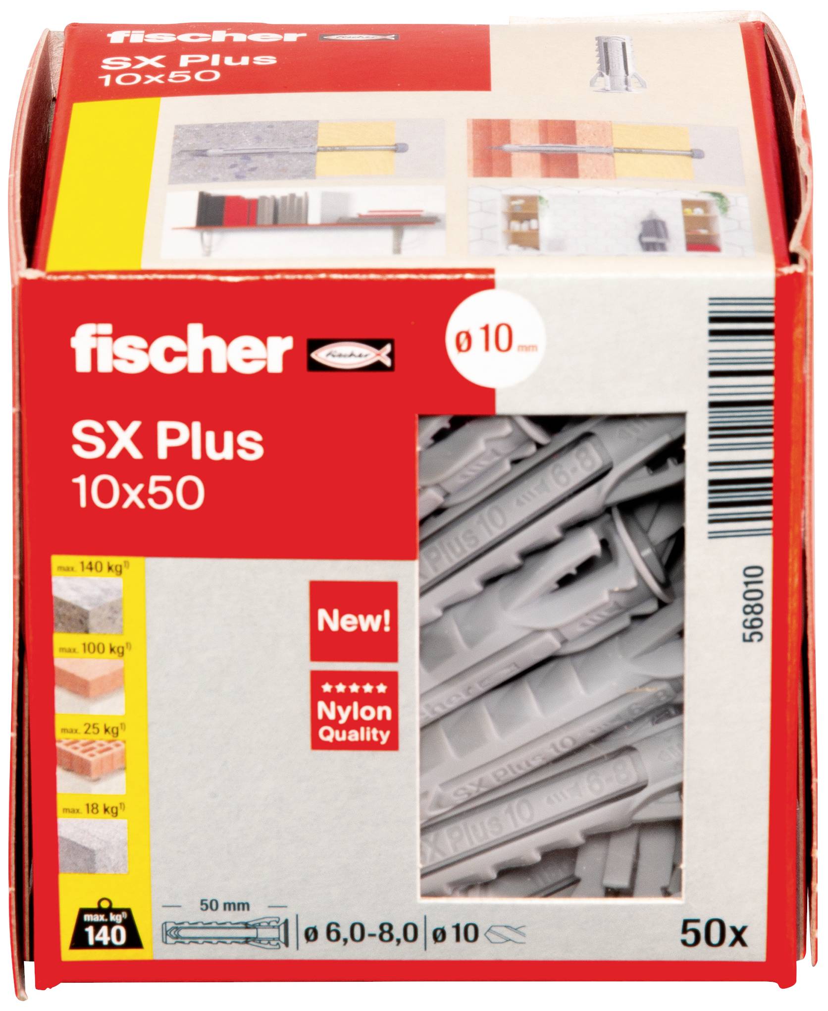Balenie hmoždiniek Fischer SX Plus, veľkosť 10x50 mm, s informáciami o nosnosti a počtom obsiahnutých kusov (50 kusov).