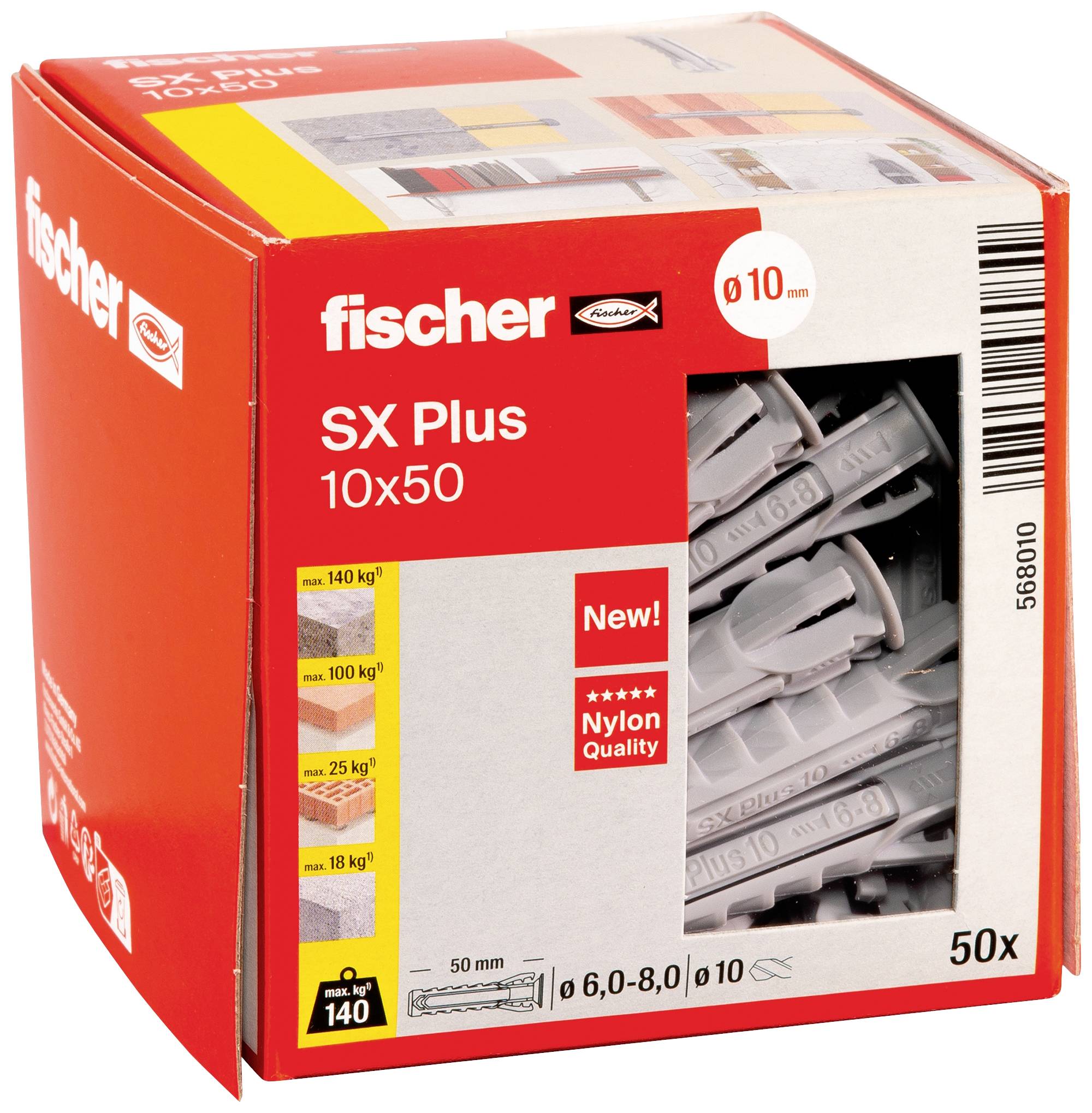 Balenie Fischer SX Plus 10x50 hmoždiniek do stien, v dizajne červeno-žlto-modrej farby, obsahuje 50 kusov, nylonová kvalita, zaťažiteľnosť až do 140 kg.