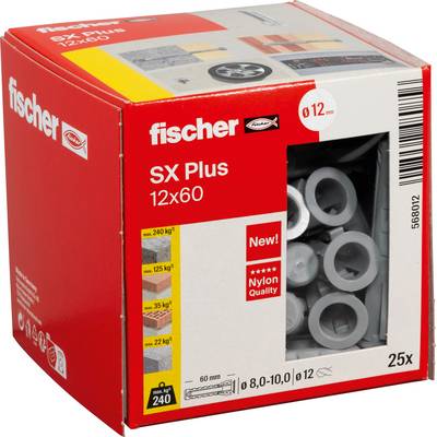 Krabica s plastovými kotvami fischer SX Plus 12x60 z nylonu, v balení je zobrazených 25 sivých kotiev.
