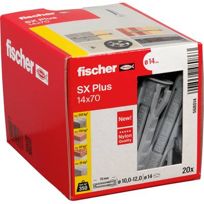 Červená krabica Fischer so zástrčkami Fischer SX Plus 14x70 z nylonu, na stene sú viditeľné 20 sivých zástrčiek cez okno.