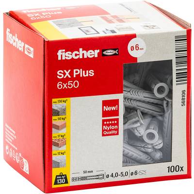 Krabica s kotvami Red Fischer SX Plus 6x50, zobrazujúca 100 nylonových kotiev pre otvory 6 mm, s údajmi o nosnosti a oknom produktu.