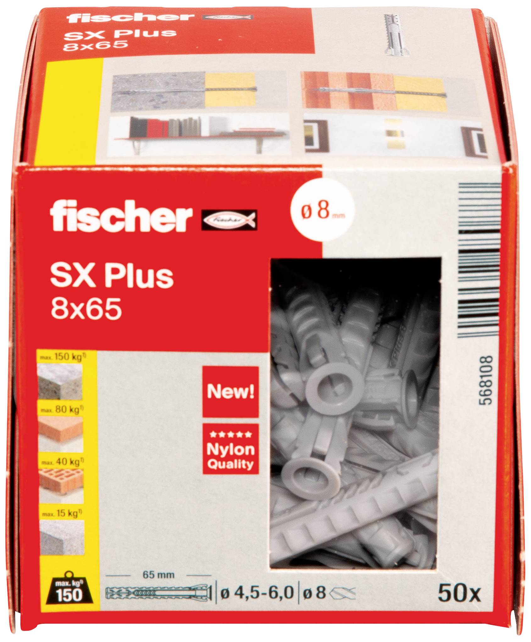 Škatuľa s hmoždinkami Fischer SX Plus 8x65. Tlačené informácie uvádzajú únosnosť, veľkosť a kvalitu nylonu. Obsahuje 50 kusov.