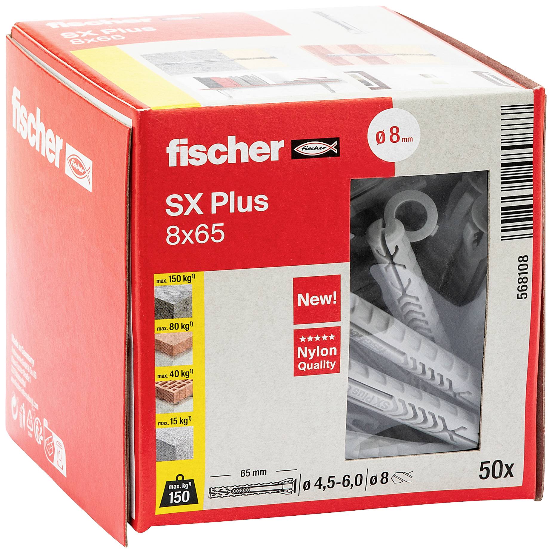 Balenie hmoždiniek Fischer SX Plus 8x65. Tlačený nápis: "Novinka! Nylonová kvalita". Zobrazuje hmoždinky a grafické znázornenie únosnosti pre rôzne materiály.