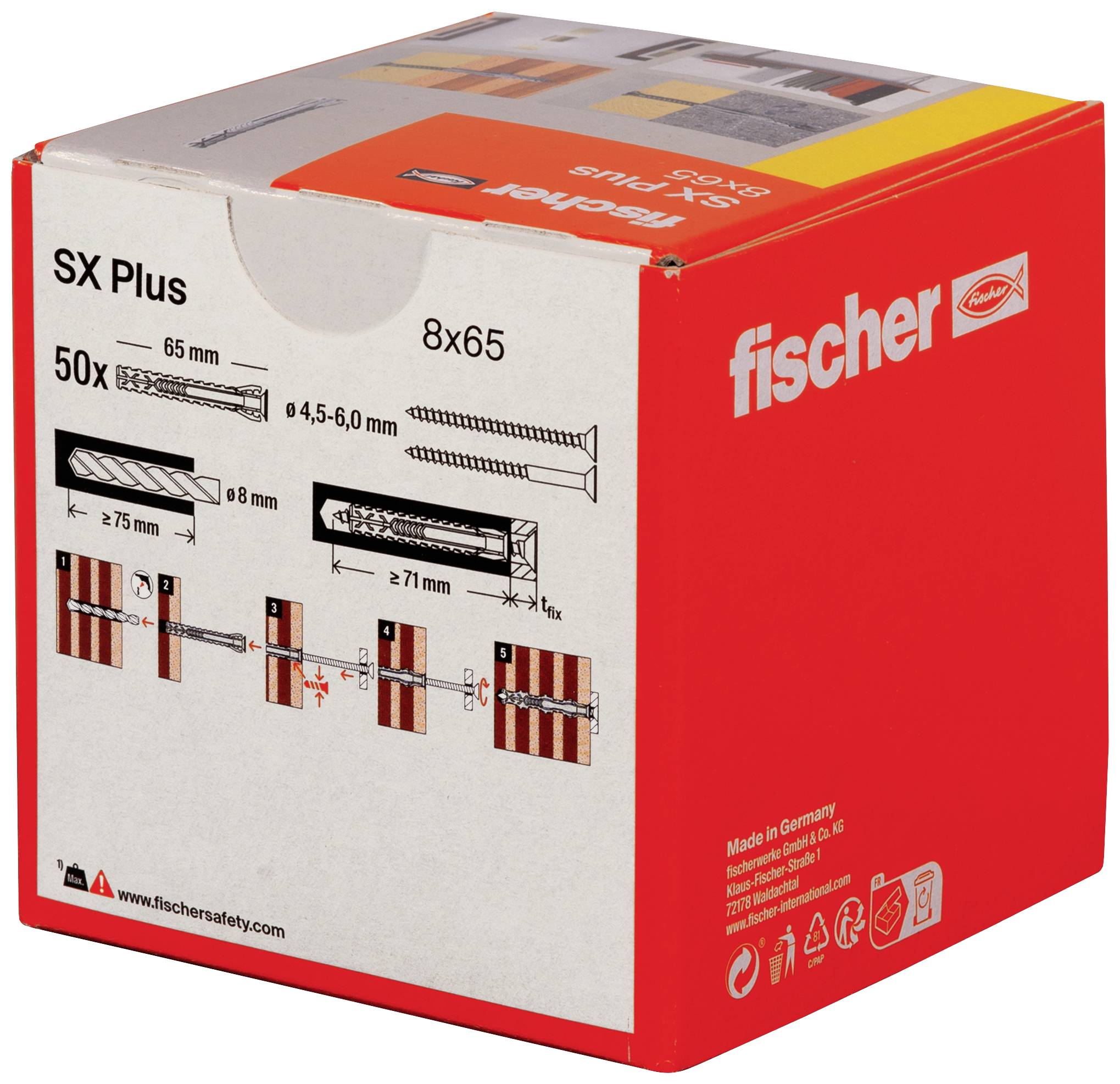 Obal zobrazuje hmoždinky Fischer SX Plus a montážne detaily. 50 kusov v balení, vhodné pre hĺbku 65 mm a rôzne materiály.