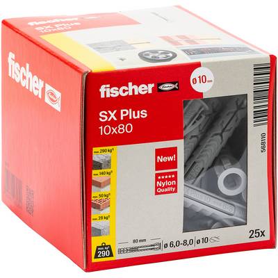 Krabica s nielnymi kotvami fischer SX Plus 10x80, 25 kusov, s produktovými obrázkami a údajmi o nosnosti vytlačenými na balení.