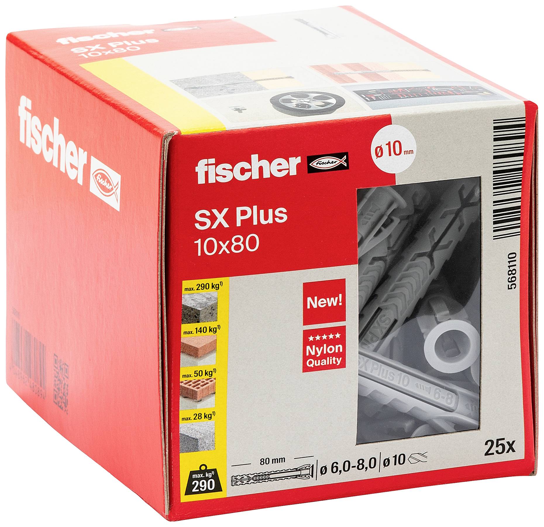 Červený obal Fischer s potlačou 'SX Plus 10x80'. Obsahuje 25 hmoždiniek z nylonového materiálu. Zvýrazňuje tabuľku nosnosti pre rôzne materiály.