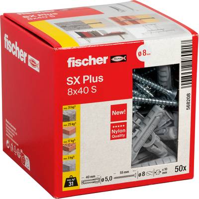 Krabica s nastennými zariadeniami Red Fischer SX Plus 8x40 S s viditeľnými šedými kotvami a podrobnosťami produktu pre 8 mm fastéry.