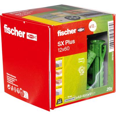 Balenie Fischer SX Plus 12x60 zelených plastových kotiev, balenie 20 kusov, s produktovým oknom na balení zobrazujúcim kotvy a údaje o únosnosti.