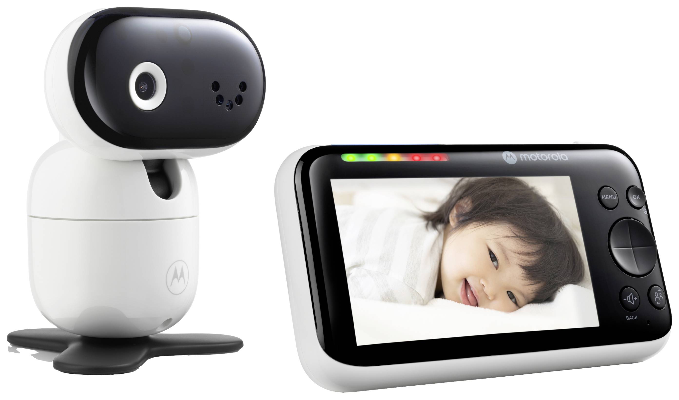 Súprava detského videotelefónu pozostávajúca z kamery a monitora so súsmievavým dieťaťom na obrazovke.