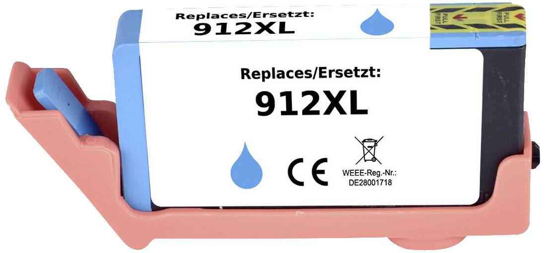 Atramentová kazeta s nápisom 'Replaces/Ersetzt: 912XL'. Obsahuje označenie CE a registračné číslo WEEE na boku.