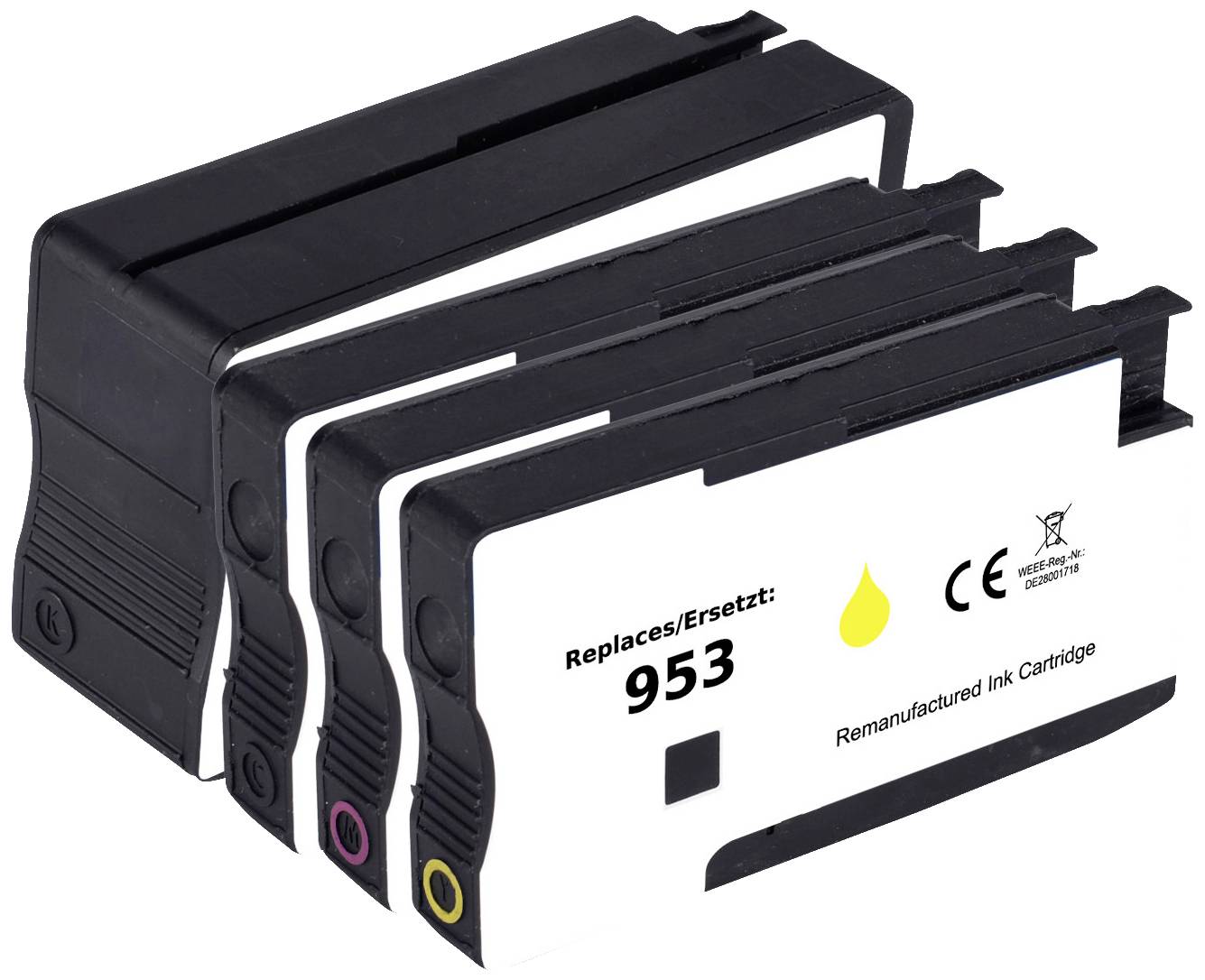 Štyri čierne atramentové cartridge s bielymi etiketami. Jedna zobrazuje číslo '953' a žltý symbol kvapky.