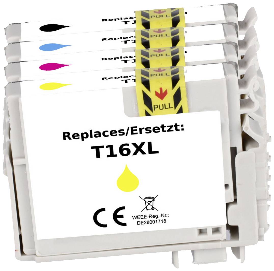 Sada atramentových cartridží s piatimi rôznymi farbami, každá cartridge je označená 'Nahrádza/Nahradzuje: T16XL'.