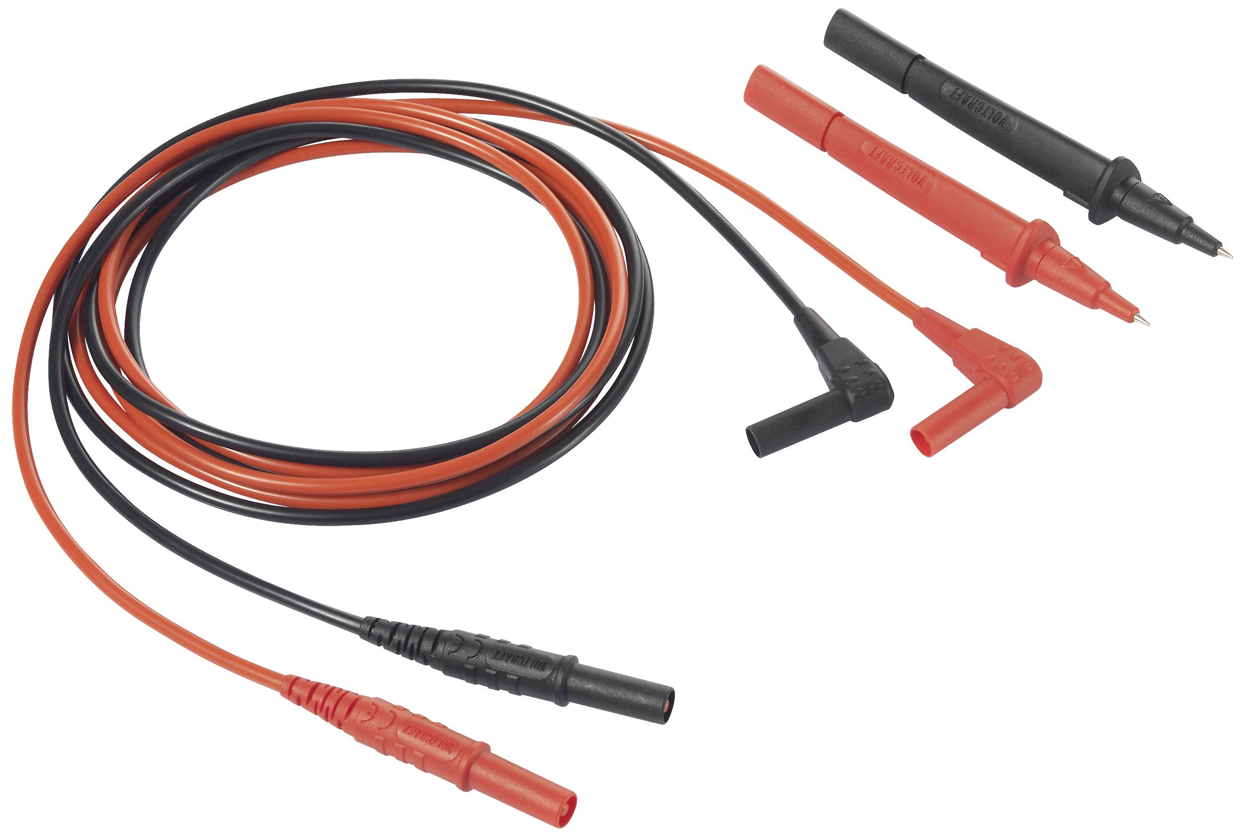 Jeden pár červených a čiernych meracích káblov s banánikmi a meracími hrotmi pre elektrické meracie prístroje.