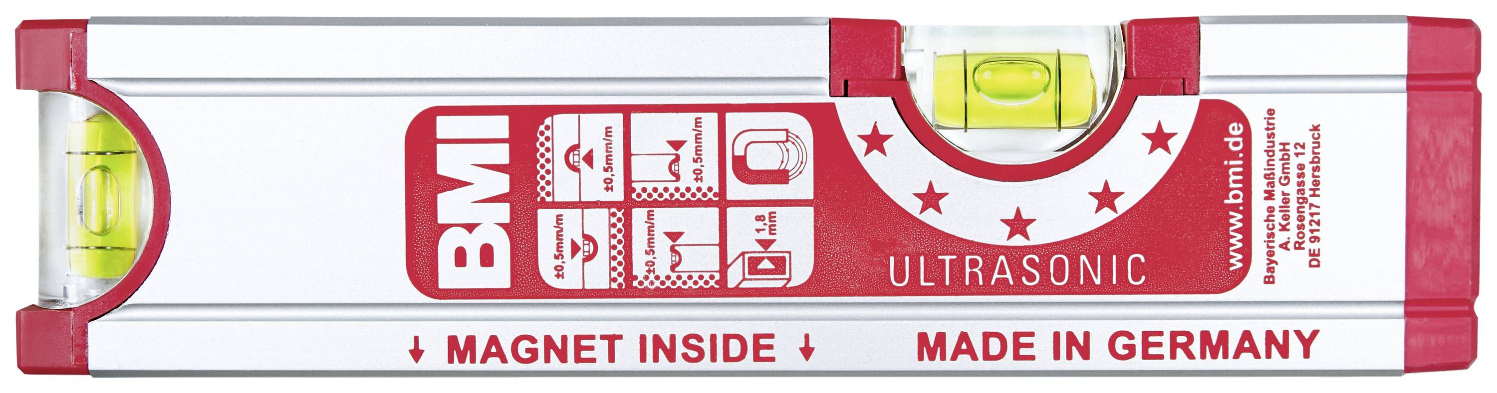 Vodováha s obvodovou stupnicou a magnetom, s názvom značky 'BMI' a nápisom 'Magnet Inside, Made in Germany'.