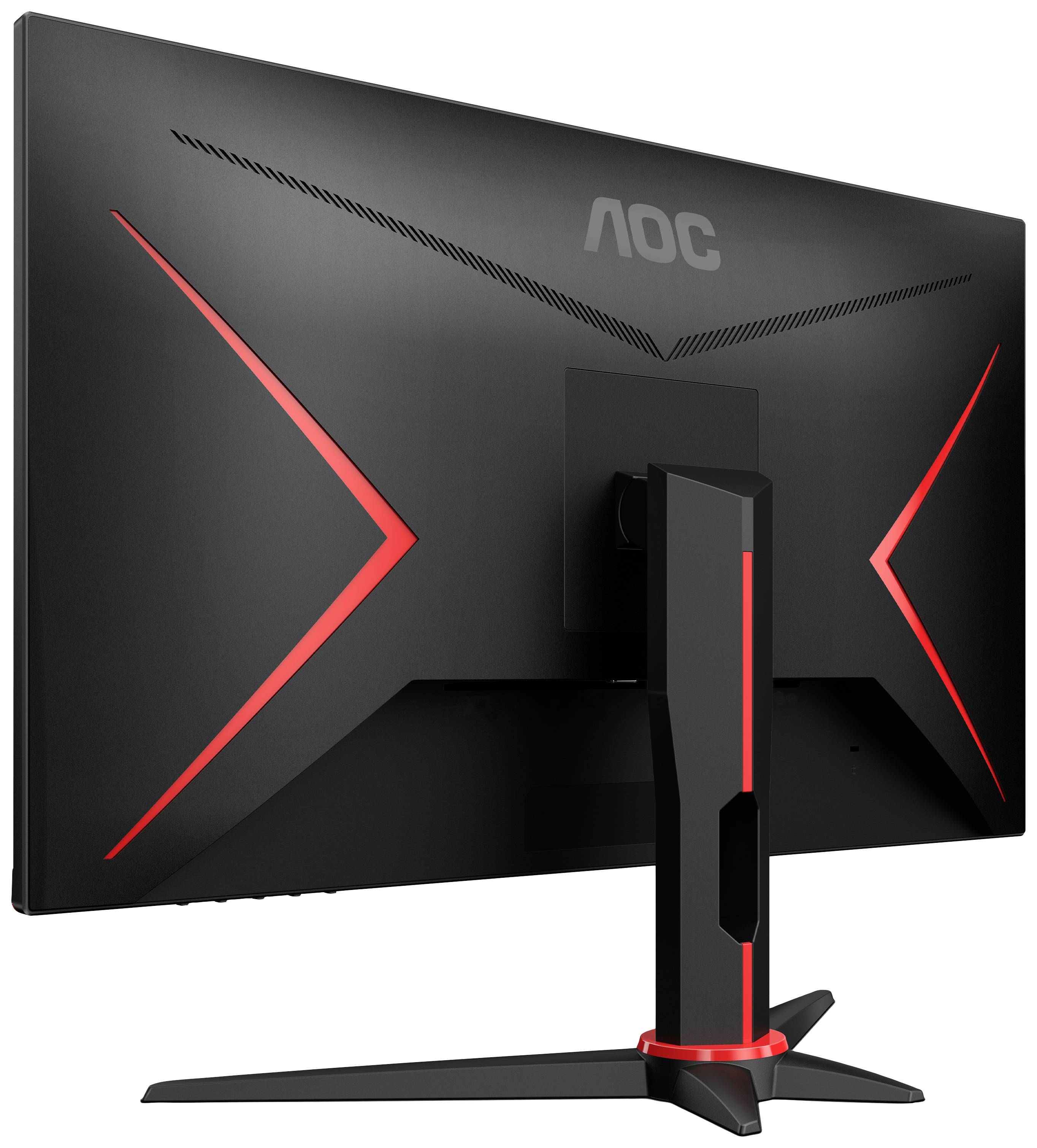 Čierny počítačový monitor značky AOC s červenými akcentmi, záber zozadu. Monitor stojí na trojuholníkovom podstavci.