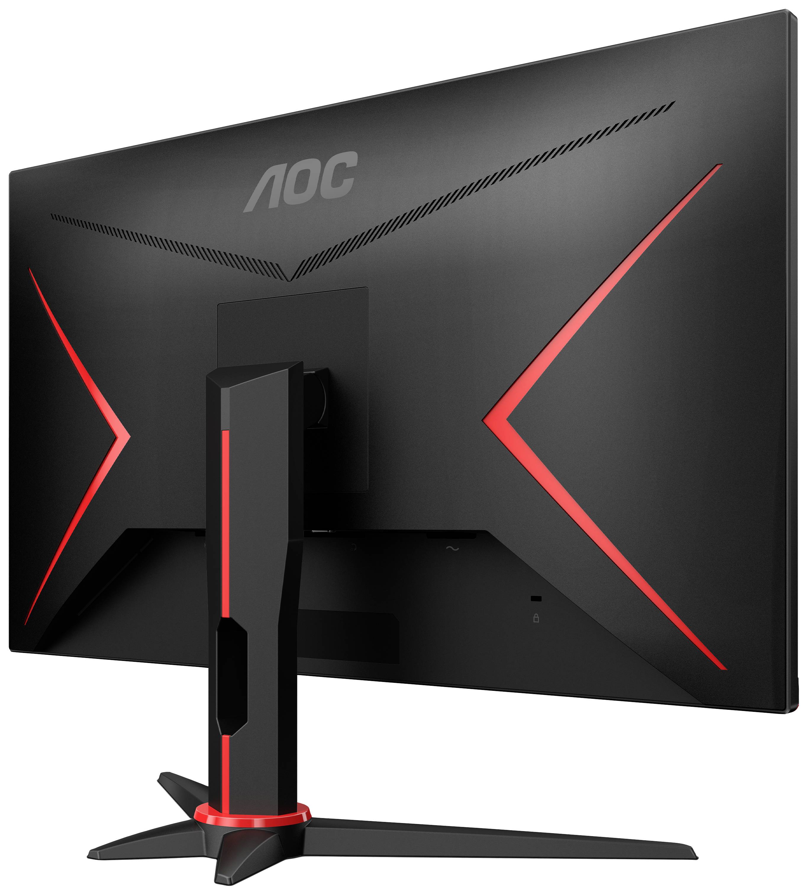 Moderný počítačový monitor z pohľadu zozadu v červeno-čiernom dizajne s výrazným logom AOC v hornej časti.