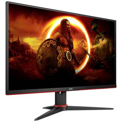 Monitor s fantastickým bojovníckym motívom zobrazuje v žiarivých farbách hrdinu so štítom a sekerou, obklopeného drakom.