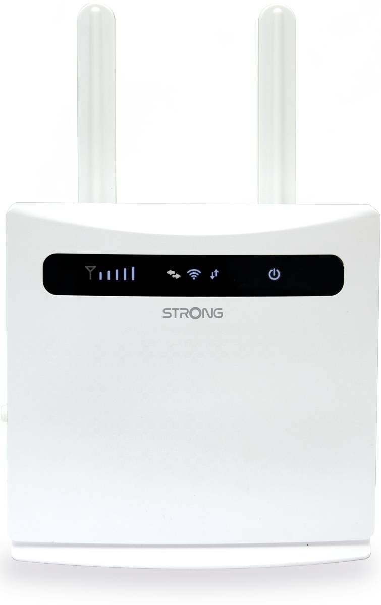 Bezdrôtový router s dvoma anténami, v bielom kryte a svietiacimi indikátormi stavu pre intenzitu signálu, Wi-Fi a napájanie.