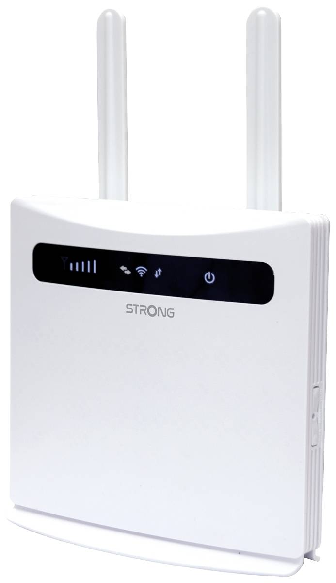 Biely WLAN router s dvoma anténami, s čiernym ovládacím panelom so stavovými indikátormi pre silu signálu, WLAN a napájanie.