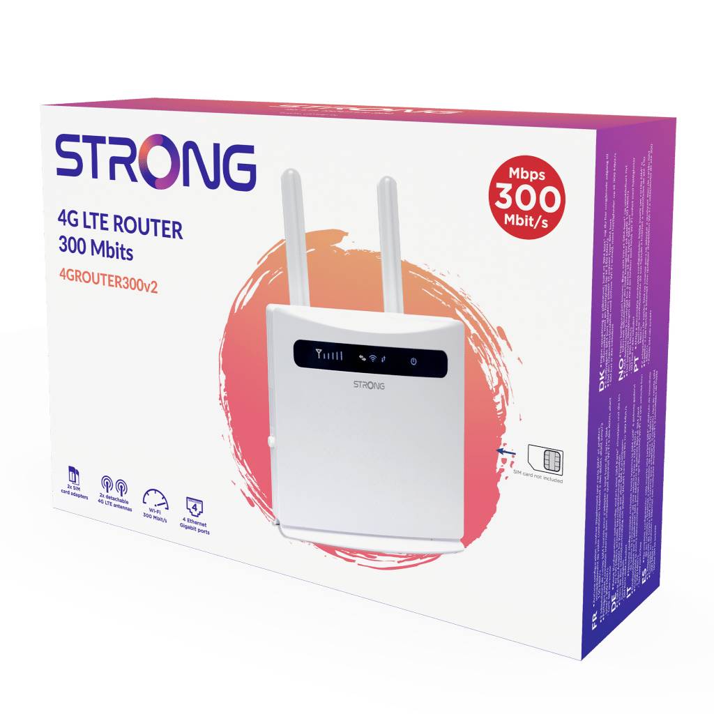 Balenie 4G LTE smerovača od Strong s rýchlosťou 300 Mbit/s. Zobrazuje obrázok smerovača a kľúčové funkcie na škatuli.