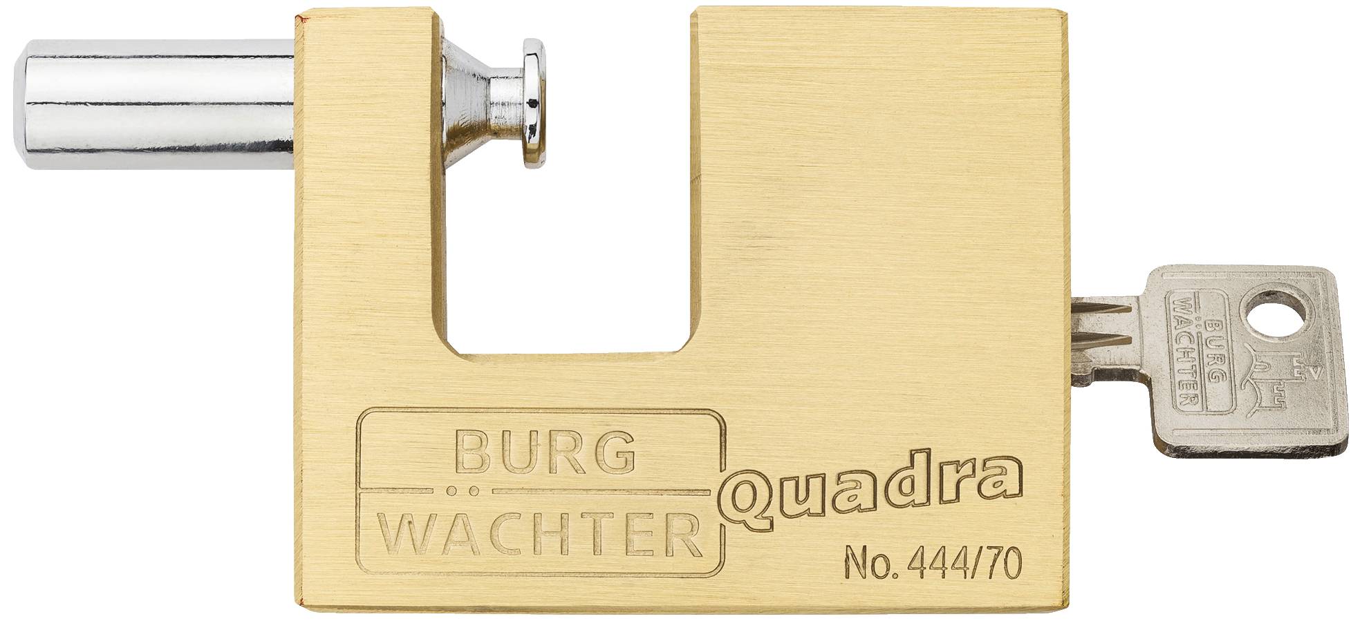 Masívny, obdĺžnikový visiaci zámok z kovu s nápisom 'Burg Wächter Quadra No. 444/70'. Kľúč je zasunutý v zámke.