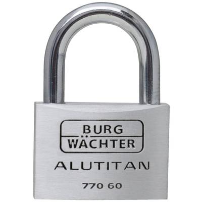 Strieborný visiaci zámok s nápisom 'BURG WÄCHTER ALUTITAN 770 60'.
