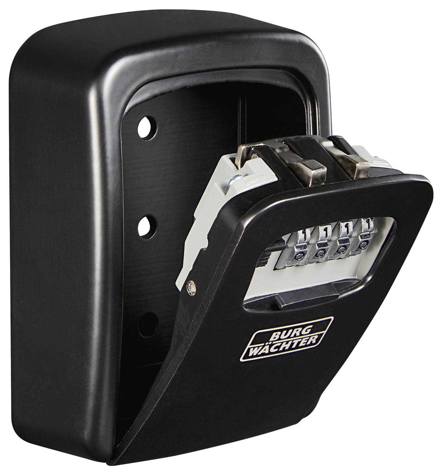 Čierny trezor na kľúče so zámkom na číselný kód, napoly otvorený, zobrazuje číselné valce a logo 'Burg Wächter'.