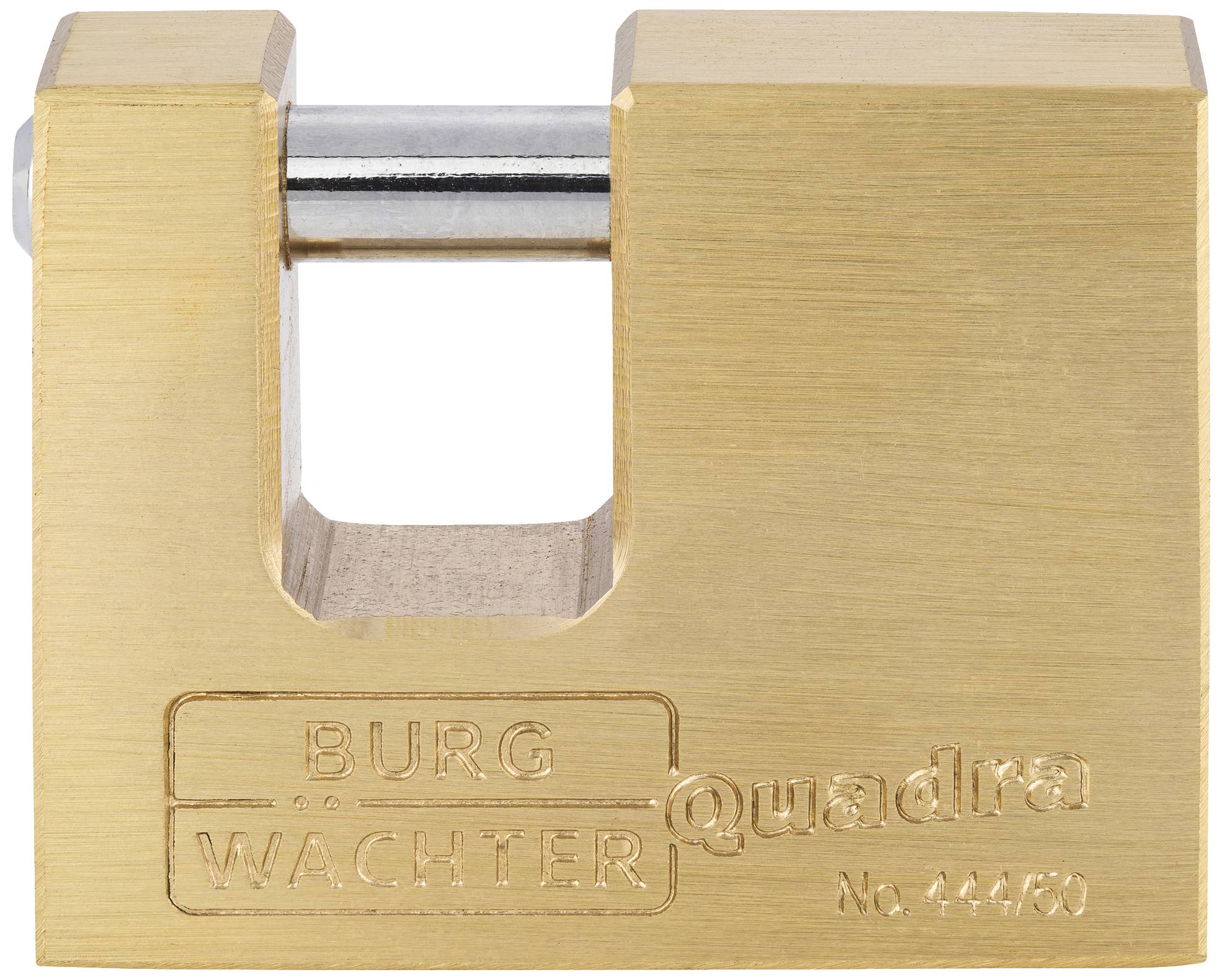 Mosadzný zámok so štvorcovým dizajnom s gravírovaným nápisom 'Burg Wächter Quadra č. 444730'.
