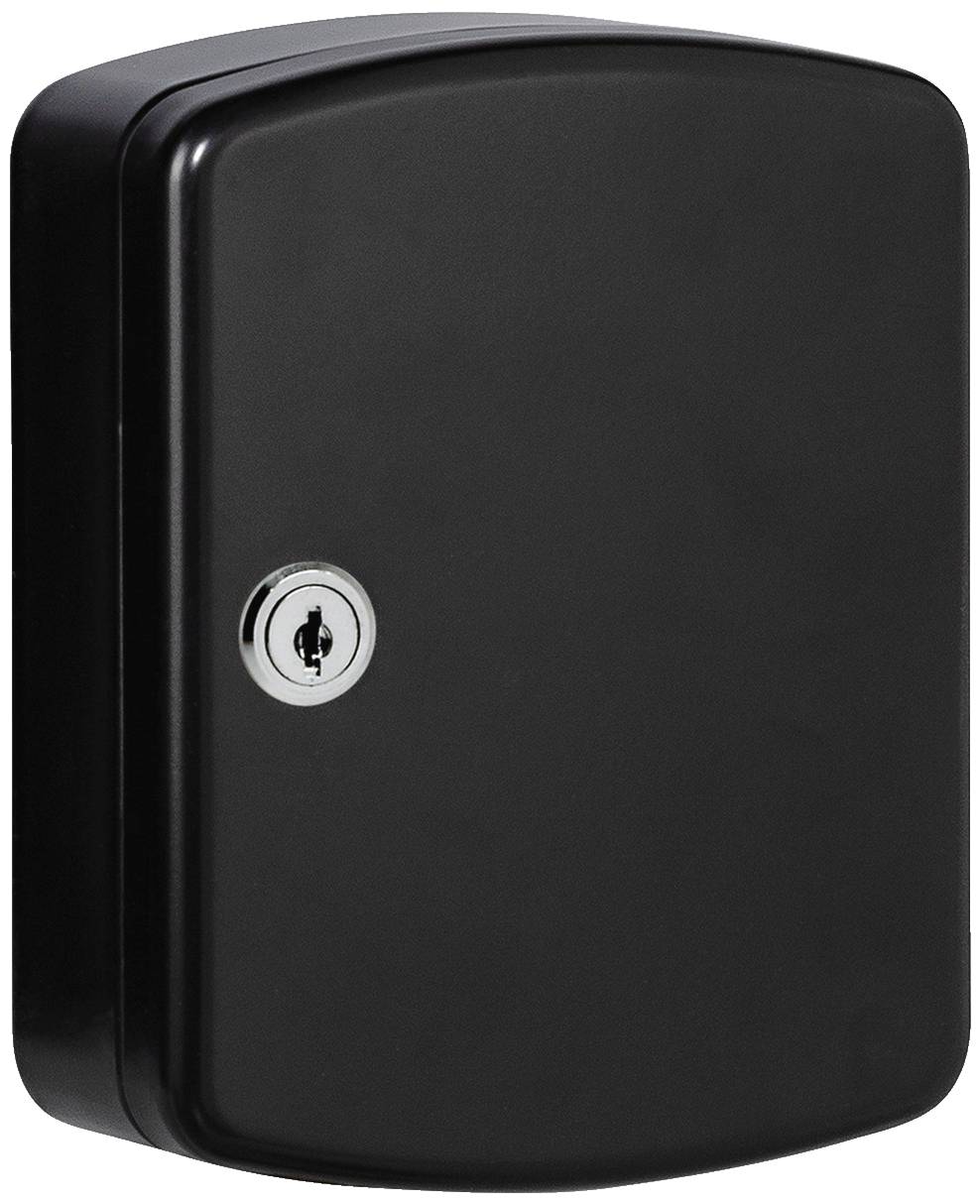Čierna, obdĺžniková schránka na kľúče s kovovým zámkom na prednej strane.