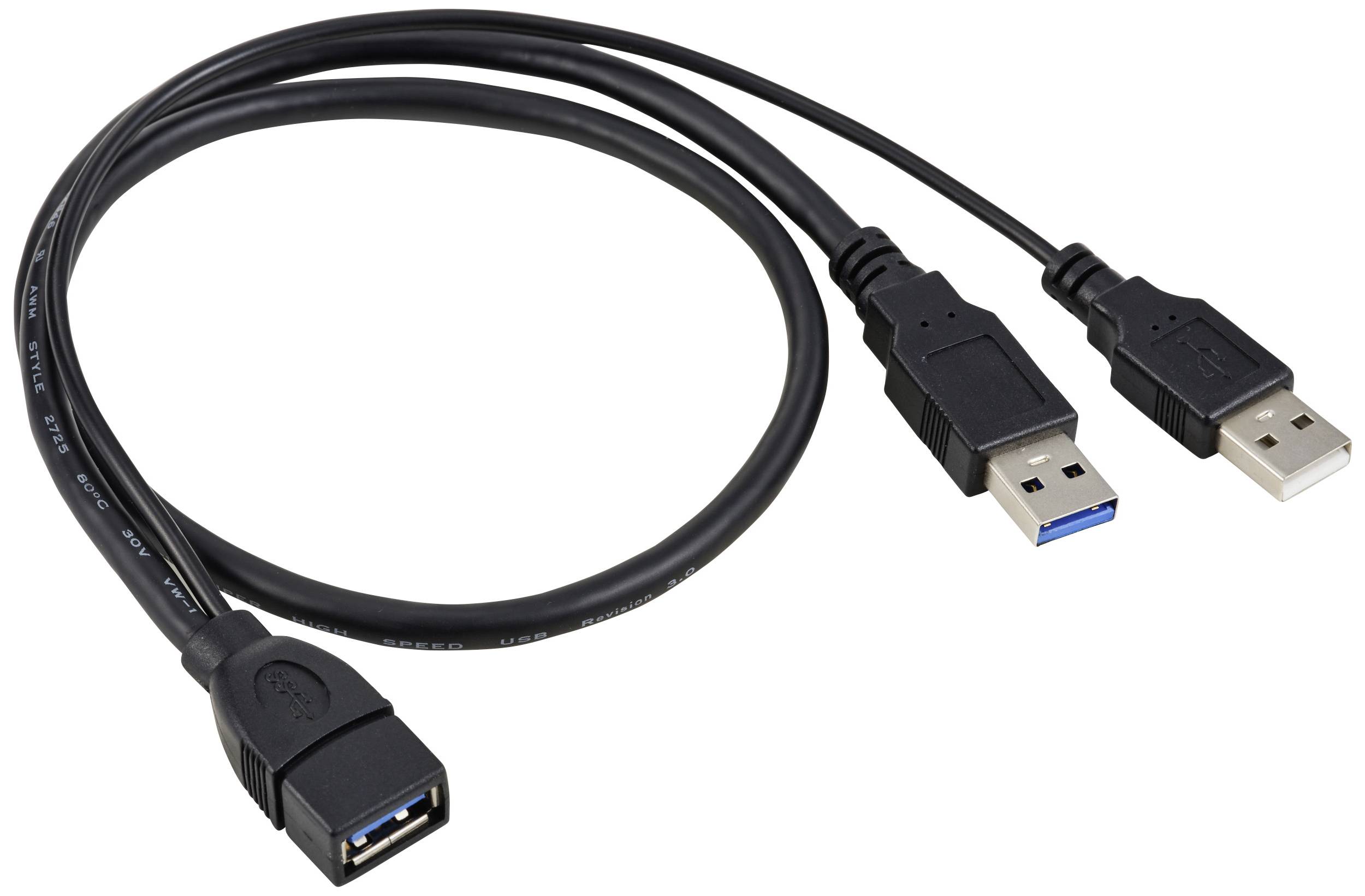 USB 3.0 predlžovací kábel s jedným typom A zásuvky a dvomi typmi A zástrčiek.