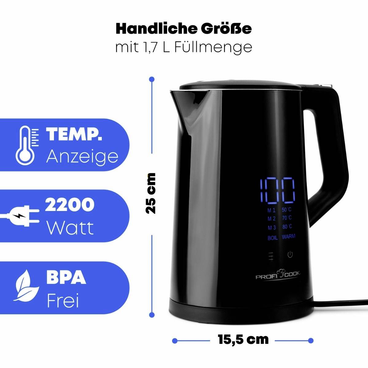 Čierny rýchlovarný kanvica s LED displejom, objem 1,7 l, výkon 2200 W, bez BPA. Rozmery: 25 cm výška, 15,5 cm hĺbka.