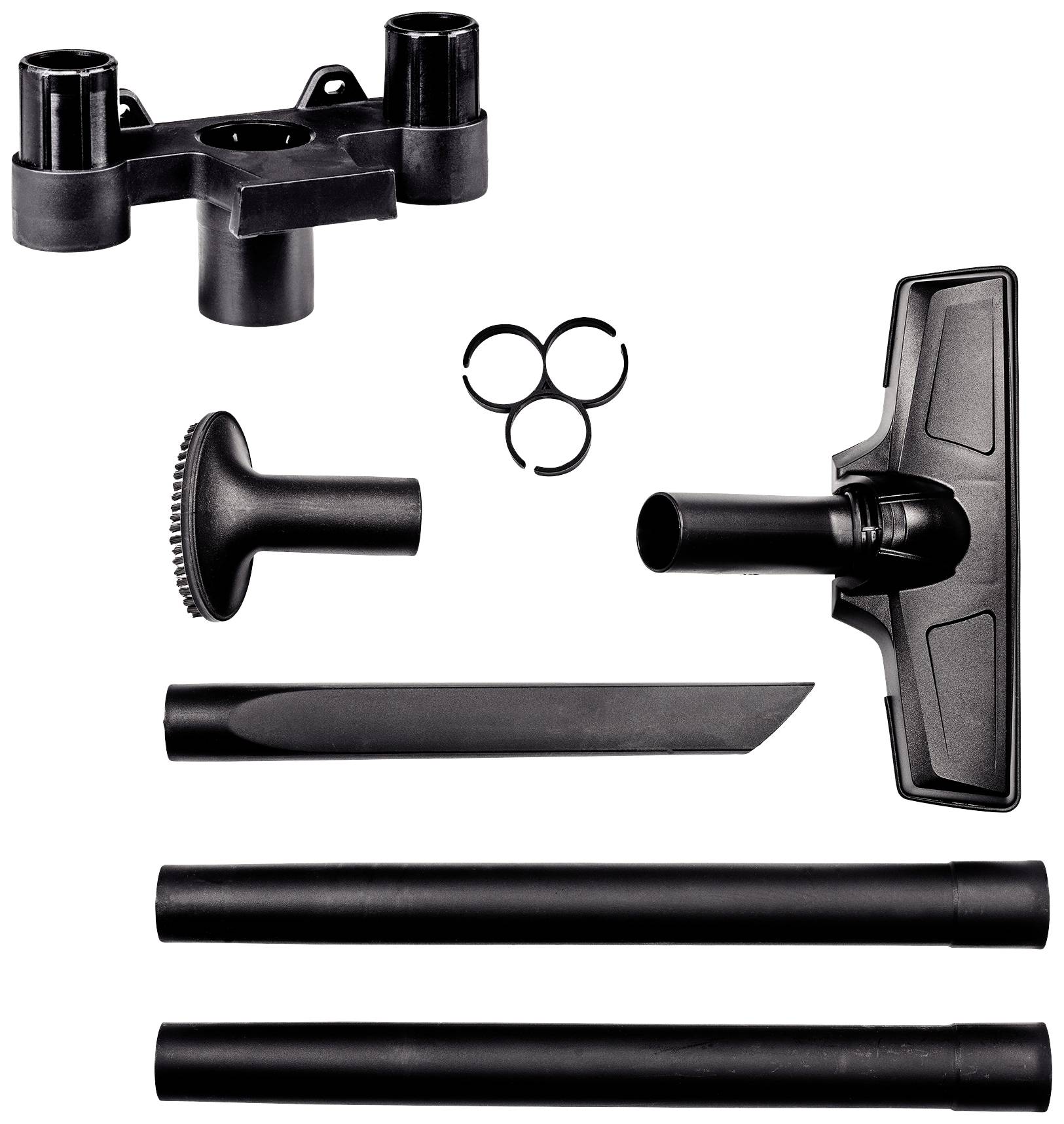 Súprava príslušenstva k vysávaču: podlahová hubica, škárová hubica, prachovka, predlžovacie trubice a adaptér hubíc. Vhodná pre rôzne čistiace úlohy.