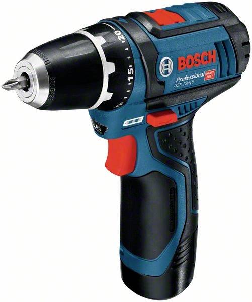 Bezdrôtový aku skrutkovač Bosch v čierno-modrej farbe s červeným akcentom, s ergonomickou rukoväťou a nastavením krútiaceho momentu, zobrazený z mierneho nadhľadu.