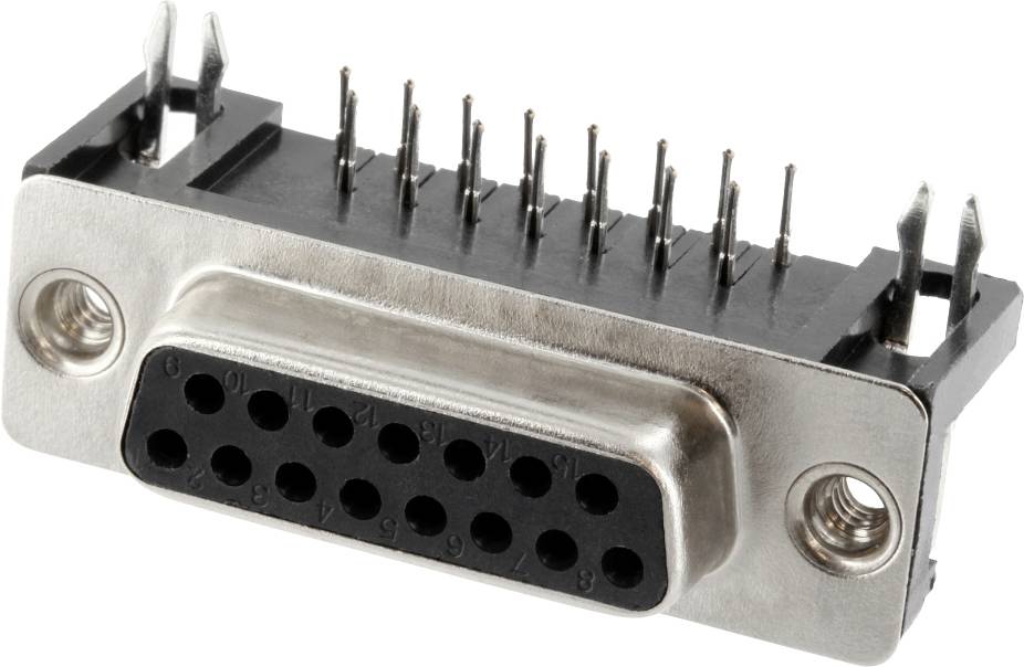 15-pinový D-Sub konektor, najčastejšie používaný na prepojenie elektronických zariadení, so dvomi upevňovacími skrutkami.