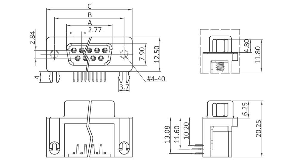 Technický výkres D-Sub konektora s rozmermi. Pohľad spredu, zhora a z boku. Rozmery: A=2,77, B=7,90, C=12,50.
