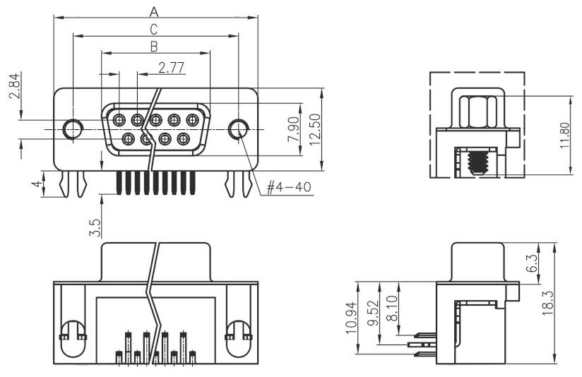 Technický nákres D-Sub konektora s rozmermi. Zobrazené sú čelný pohľad, bočný pohľad a pohľad zhora pre technickú ilustráciu.