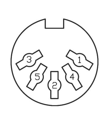 Diagram 5-kolíkového DIN konektora s číslovanými kolíkmi 1 až 5 v kruhovom usporiadaní.