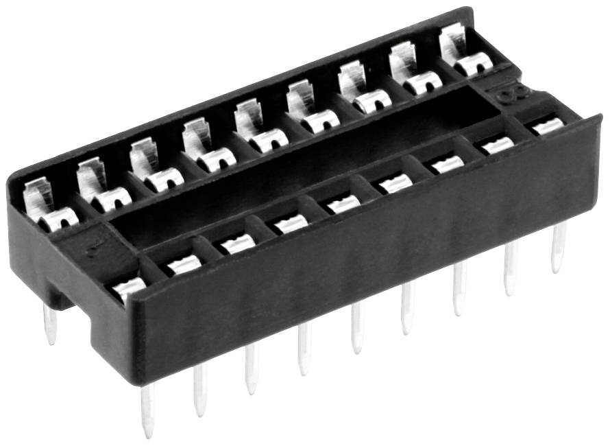 Čierny DIP päticový soket s 16 pinmi, určený na osadenie integrovaných obvodov na dosky plošných spojov. Ideálny pre elektronické projekty.