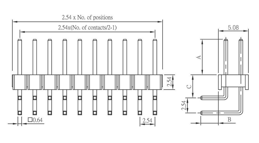 Technický výkres konektora s rozmermi: rozstup pinov 2,54 mm, celková dĺžka a šírka, priemer pinu 0,64 mm.