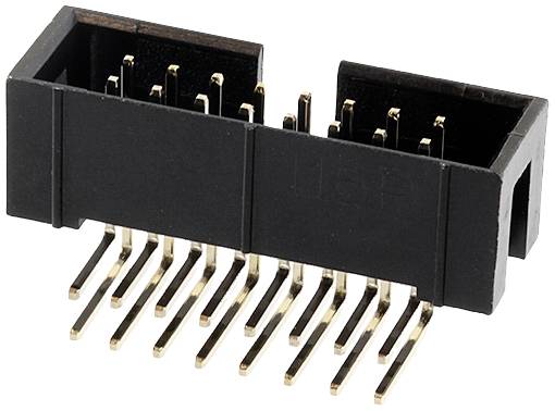 Čierny, obdĺžnikový konektor s početným množstvom kovových pinov, ktoré sa používajú na elektronické prepojenia.