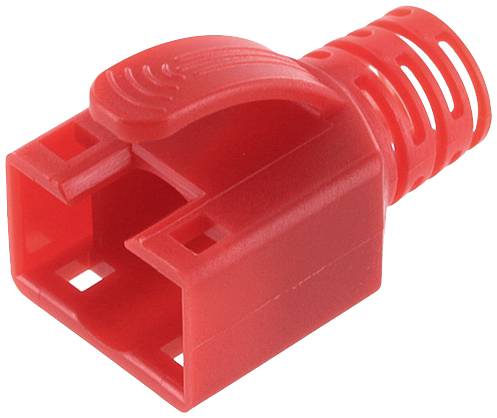 Červený plastový kábový terminal s vrúbkovaným povrchom. Používa sa na ochranu a upevnenie elektrických kábových pripojení.