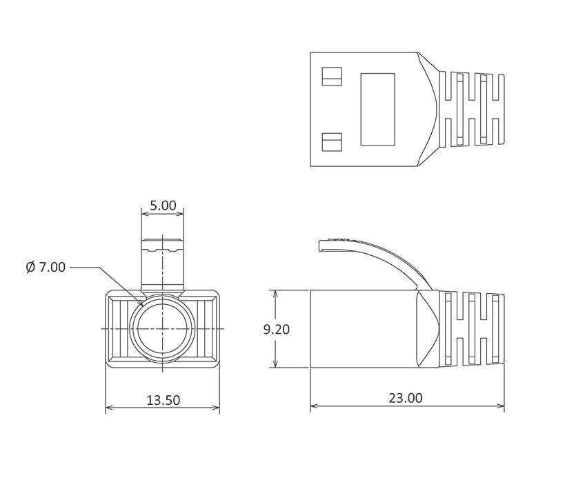 Technický výkres obdĺžnikového konektora s rozmermi: šírka 13,50 mm, hĺbka 23,00 mm, výška 9,20 mm, priemer 7,00 mm.