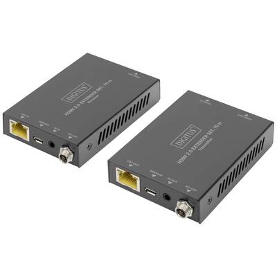 Dva čierne HDMI predlžovače od značky Digitus s viacerými portmi vrátane RJ45 a Micro-USB.