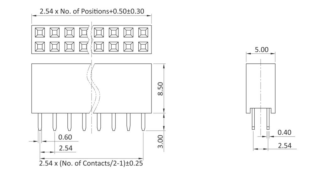 Technický výkres elektronického konektora s podrobnými rozmermi: šírka 2,54 mm, výška 8,50 mm, hĺbka 3,00 mm.
