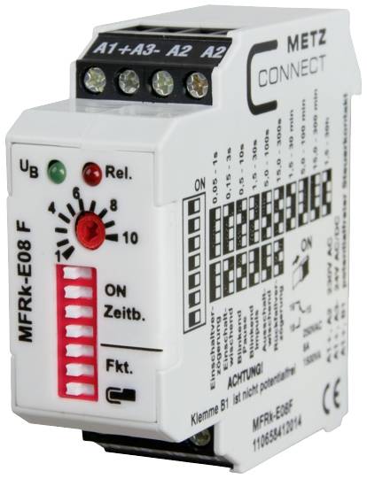 Reléový modul od spoločnosti Metz Connect s digitálnymi indikátormi a skrutkovými svorkami. Zobrazuje prehľady niektorých nastavení a LED diód.