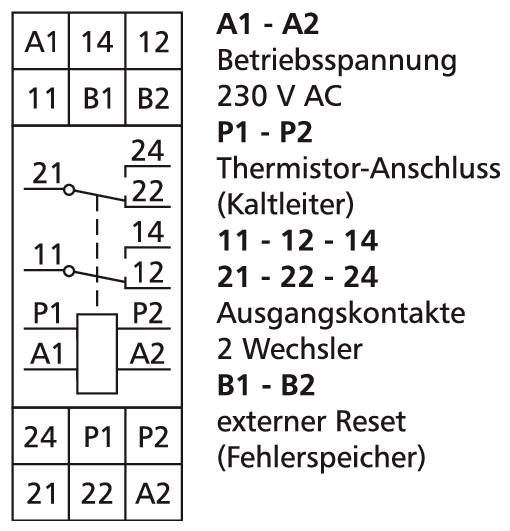 Schéma zapojenia relé modulu: Prevádzkové napätie 230 V AC, prípojka termistora P1-P2, dva výmenné výstupné kontakty 11-12-14 a 21-22-24, vonkajší reset B1-B2.