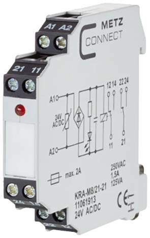 Elektrické relé od spoločnosti METZ CONNECT s prípojkami a technickými špecifikáciami na prednej strane, vhodné pre 24V AC/DC.