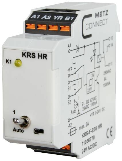 Elektrické spínacie relé s označeniami na povrchu vrátane 'KRS HR' a 'Max. 2A'. Hore sú svorky A1, A2, YR, B1.
